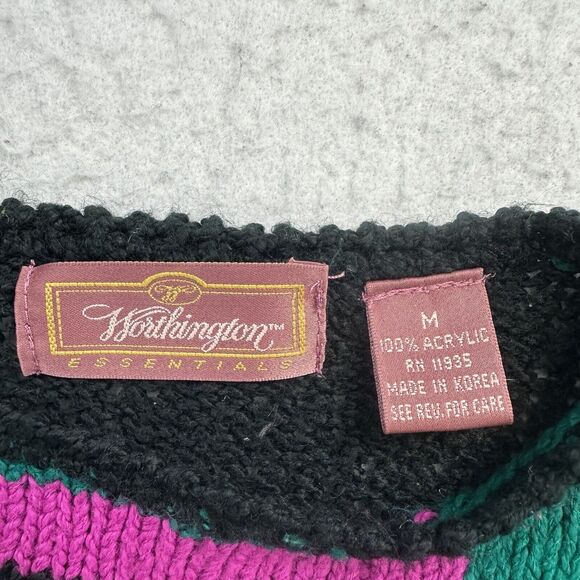 Vintage Worthington Sweater Womens Medium M Black Green Pink Geometric Pullover - Picture 9 of 12